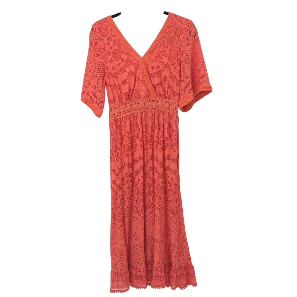 Farm Rio Devore Dress Women XS Coral Boho Lace Eyelet Resort Cottage Coastal
